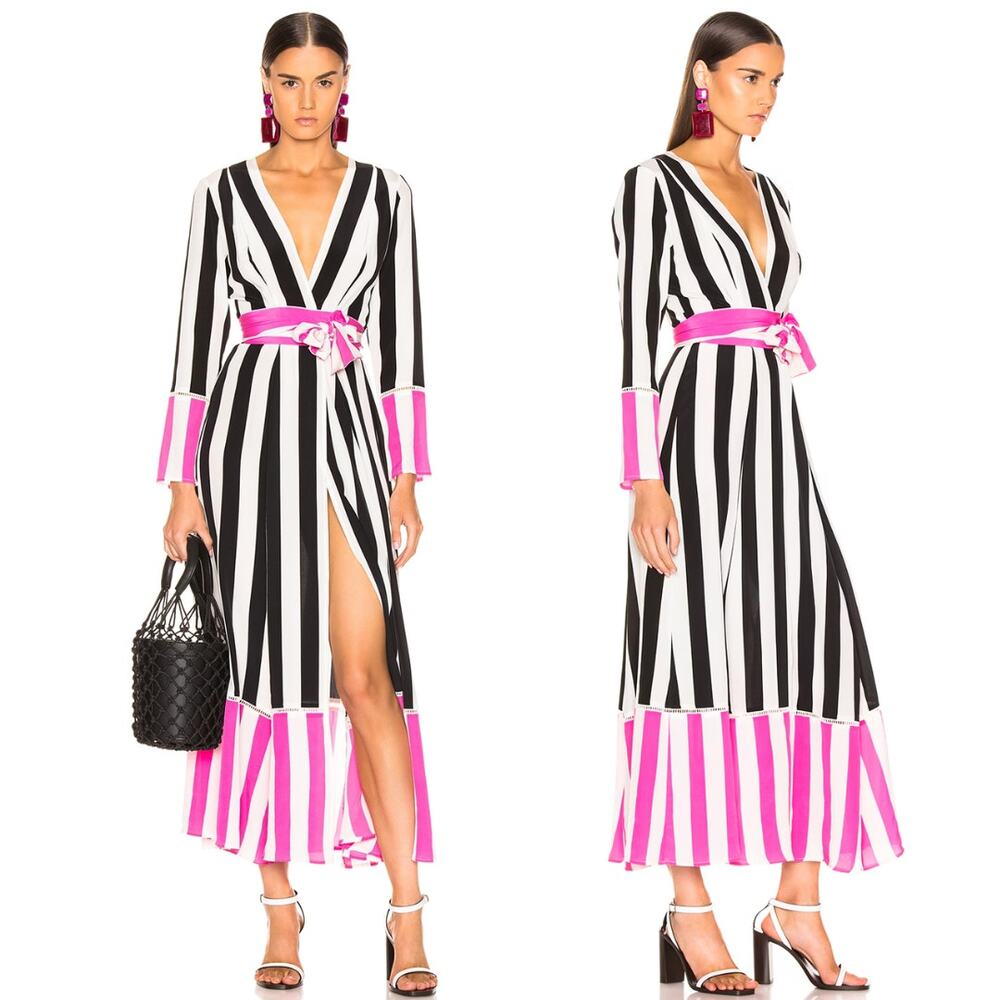 We Are Leone Dress Silk Contrast Maxi Cardigan Striped Belted‎ Long Sleeve S/M